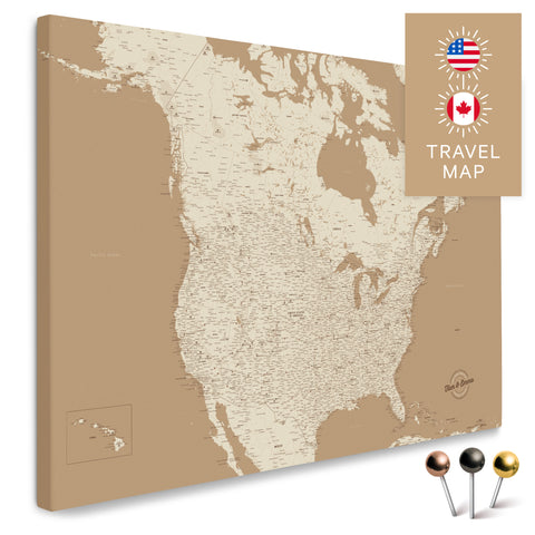 Kanada & USA Landkarte in Treasure Gold mit sehr hohem Detailgrad als Pinnwand Leinwand zum Pinnen und Markieren von Reisezielen kaufen