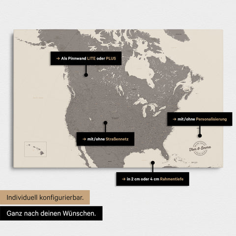 Vielfältige Konfigurationsmöglichkeiten einer Kanada & USA Landkarte als Pinn-Leinwand in Farbe Warmgray (Braun-Grau)