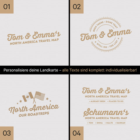 Kanada & USA Landkarte mit hohem Detailgrad als Pinnwand Leinwand in Weiss-Schwarz mit Personalisierung und Eindruck mit deinem Namen