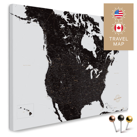 Kanada & USA Landkarte in Weiss-Schwarz mit sehr hohem Detailgrad als Pinnwand Leinwand zum Pinnen und Markieren von Reisezielen kaufen