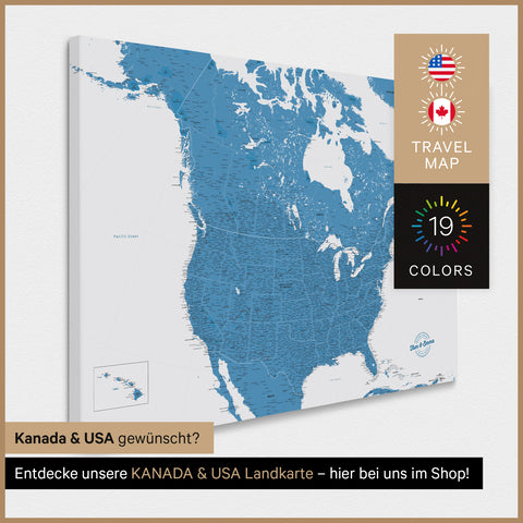 USA Amerika Landkarte TRAVEL® Pinn-Leinwand – Ocean Blue