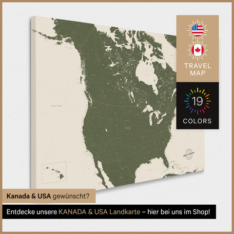 USA Amerika Landkarte TRAVEL® Pinn-Leinwand – Olive Green