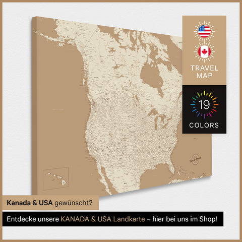 USA Amerika Landkarte TRAVEL® Pinn-Leinwand – Treasure Gold