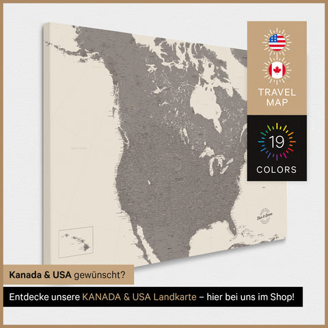 USA America TRAVEL® Map Canvas Push Pin Board – Warmgray