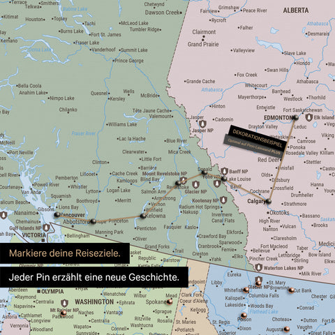 Politische Kanada & USA Karte als Pinn-Leinand in Multicolor Atlas zeigt Pins ins Reisezielen von British Columbia und Washington