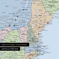 Ausschnitt einer politischen Kanada & USA Landkarte als Pinn-Leinwand in Multicolor Atlas zeigt Reiseziele und Highlights in New Brunswick und New England