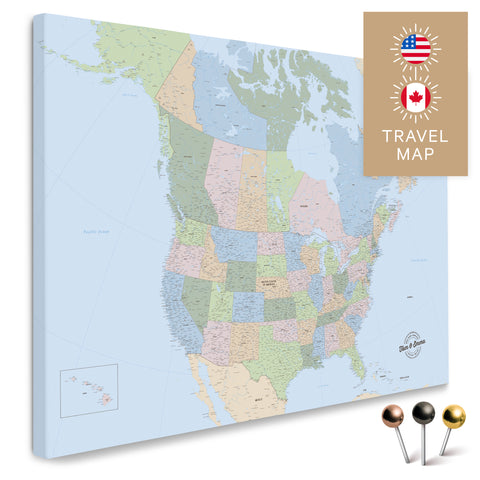 Politische Kanada & USA Landkarte in Multicolor Atlas mit sehr hohem Detailgrad als Pinnwand Leinwand zum Pinnen und Markieren von Reisezielen kaufen