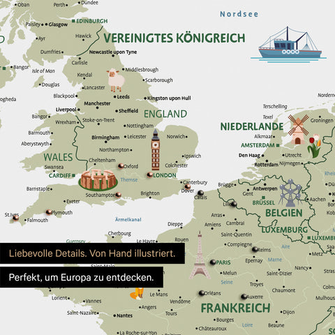 Section of a children's Europe map as a Push Pin Map in White color showing France and England with illustrations of Stonehenge, the Eiffel Tower, and Big Ben