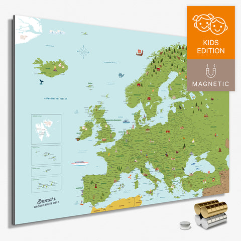 Bunte Europakarte für Kinder in Farbe Classic mit liebevollen Illustrationen und Bildern als Magnetboard mit zum Pinnen und Markieren kaufen
