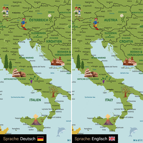 Vergleich einer Europakarte für Kinder in den Sprachen Deutsch und Englisch als Pinn-Leinwand in Farbe Classic