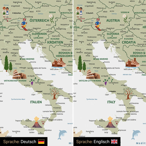 Vergleich einer Europakarte für Kinder in den Sprachen Deutsch und Englisch als Pinn-Leinwand in Farbe White
