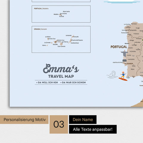 Detaillierte Kinder-Europakarte als Poster in Farbe Brown mit Personalisierung als Logo ein Kind