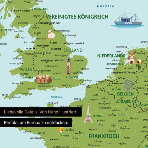 Section of a children's Europe map as a Classic color poster showing pins in travel destinations in France and England