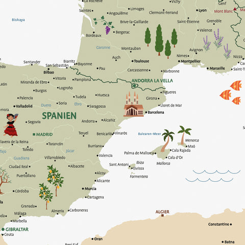 Ausschnitt einer Kinder-Europakarte als Poster in Farbe White zeigt Spanien mit Illustrationen