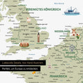 Ausschnitt einer Kinder-Europakarte als Poster in Farbe White zeigt Pins in Reisezielen von Frankreich und England