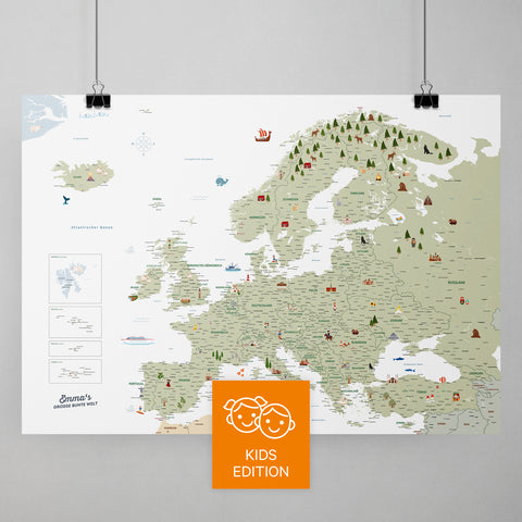 Bunte Europa-Karte für Kinder in Farbe White mit liebevollen Illustrationen und Bildern als Poster mit zum Pinnen und Markieren kaufen