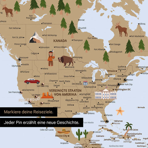 Ausschnitt einer Kinder-Weltkarte als Pinn-Leinwand in Multicolor Brown zeigt Pins von Reisezielen in Amerika mit Illustrationen von Indianern und Tieren
