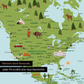Ausschnitt einer Kinder-Weltkarte als Pinn-Leinwand in Multicolor Classic zeigt Pins von Reisezielen in Amerika mit Illustrationen von Indianern und Tieren
