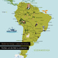 Ausschnitt einer Kinder-Weltkarte als Pinn-Leinwand in Multicolor Classic zeigt Südamerika mit Illustrationen von Machu Picchu, Wasserfällen und Vögeln