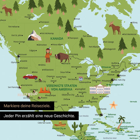 Ausschnitt einer Kinder-Weltkarte als Poster in Multicolor Classic zeigt Pins von Reisezielen in Amerika mit Illustrationen von Indianern und Tieren