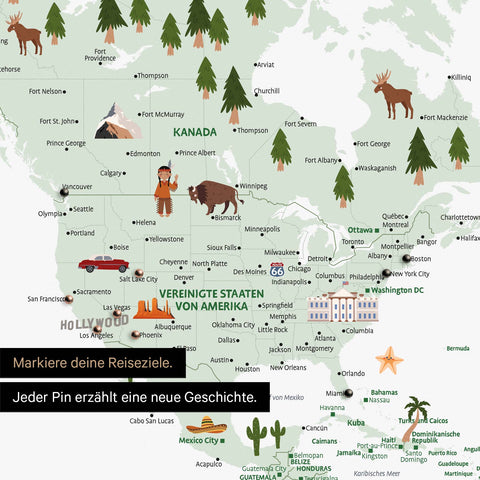 Ausschnitt einer Kinder-Weltkarte als Poster in Multicolor Weiß zeigt Pins von Reisezielen in Amerika mit Illustrationen von Indianern und Tieren