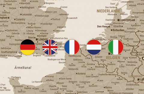 Breuer's Europa-Karten sind in verschiedenen Sprachen erhältlich: Deutsch, Englisch, Französisch, Niederländisch, Italienisch