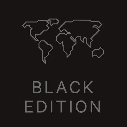 Label der Black Edition von Weltkarten in Schwarz-Weiß oder dunkel Grautönen