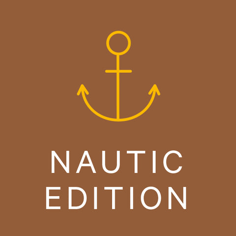 Label der Nautic Edition von Weltkarten in Bronze-, Gold- und Blautönen