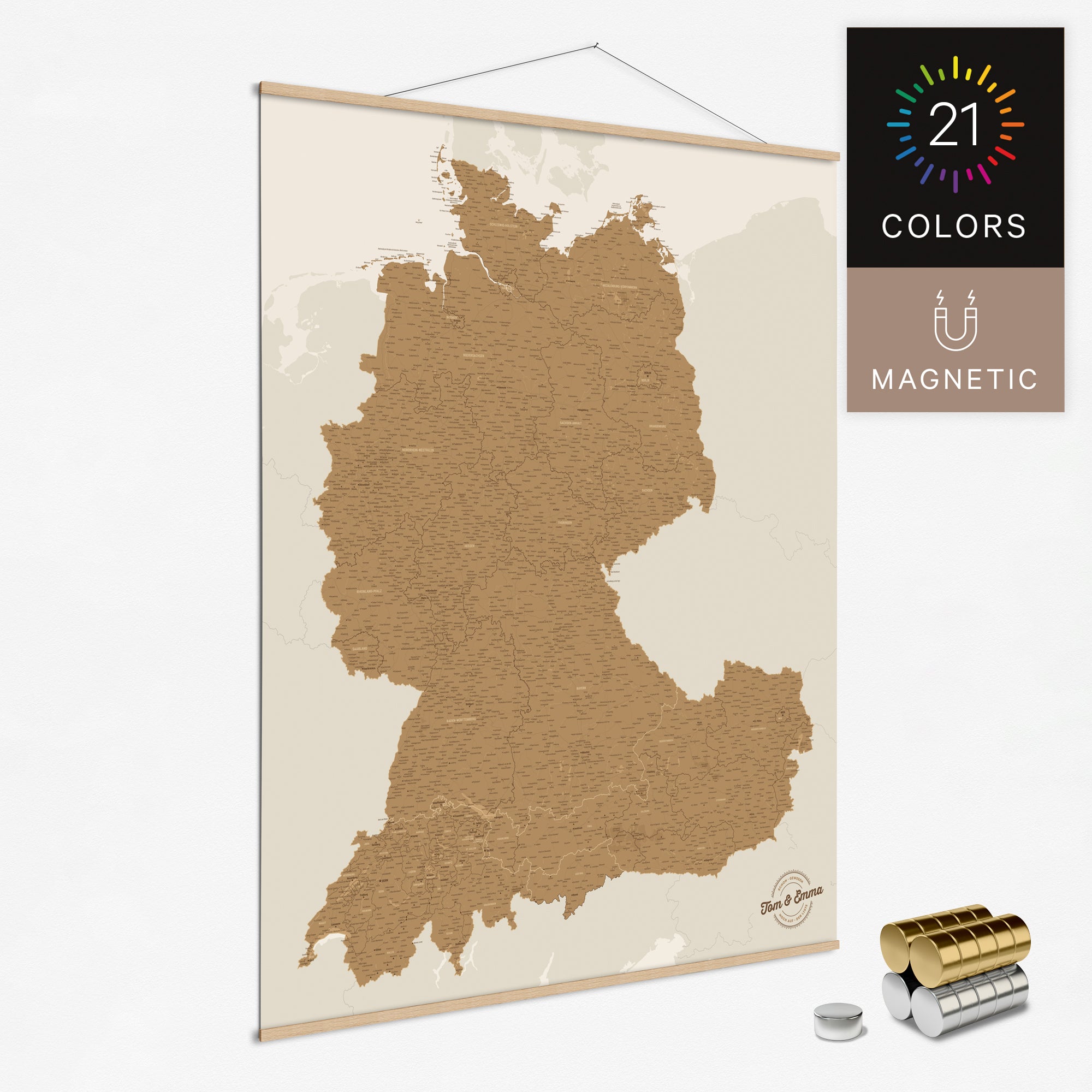 DACH Map TRAVEL® Magnetic Poster – 21 Colors – Breuers Weltkarten