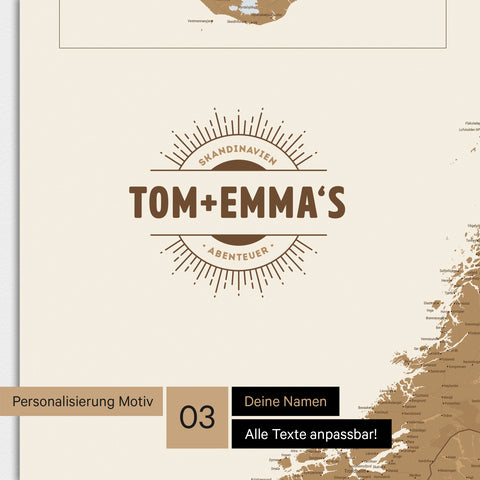 Magnetische Skandinavien-Karte mit Personalisierung als Logo im Vintage-Look