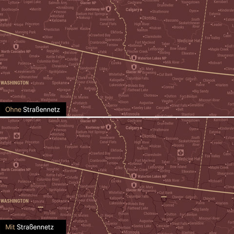 Nordamerika Karte Pinn-Leinwand in Bordeaux Rot optional mit dem Straßennetz der größten Highways und Interstates