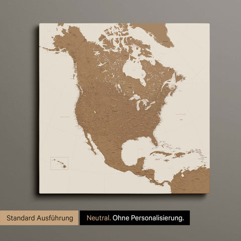 Neutrale und schlichte Ausführung einer Nordamerika Karte als Pinn-Leinwand in Bronze