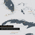 Detaillierte Nordamerika Karte als Pinn-Leinand in Denim Blue zeigt Pins ins Reisezielen von Florida und Kuba