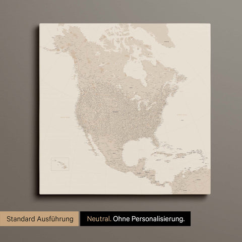 Neutrale und schlichte Ausführung einer Nordamerika Karte als Pinn-Leinwand in Gold