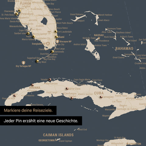 Detaillierte Nordamerika Karte als Pinn-Leinand in Hale Navy (Dunkelblau-Gold) zeigt Pins ins Reisezielen von Florida und Kuba