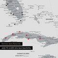 Detaillierte Nordamerika Karte als Pinn-Leinand in Hellgrau zeigt Pins ins Reisezielen von Florida und Kuba