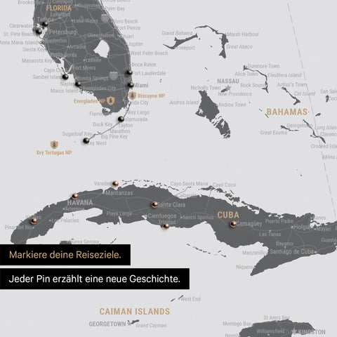 Detaillierte Nordamerika Karte als Pinn-Leinand in Light Gray zeigt Pins ins Reisezielen von Florida und Kuba
