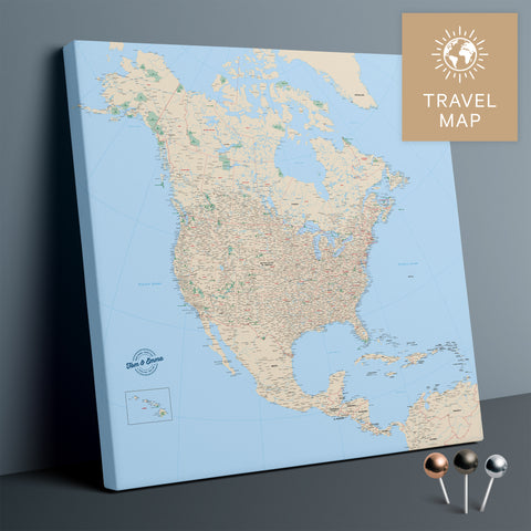 Nordamerika Landkarte in Multicolor Classic mit sehr hohem Detailgrad als Pinnwand Leinwand zum Pinnen und Markieren von Reisezielen kaufen