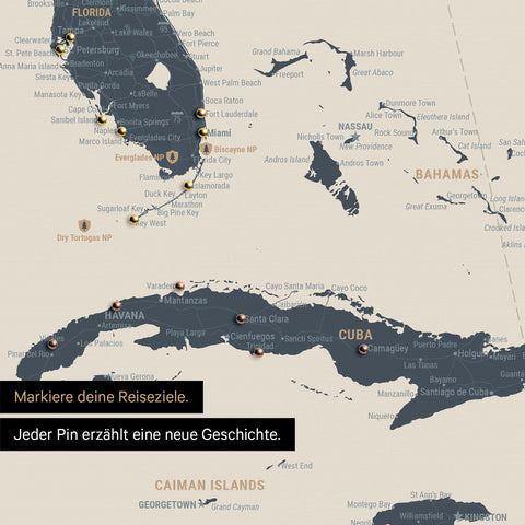 Detaillierte Nordamerika Karte als Pinn-Leinand in Navy Light zeigt Pins ins Reisezielen von Florida und Kuba