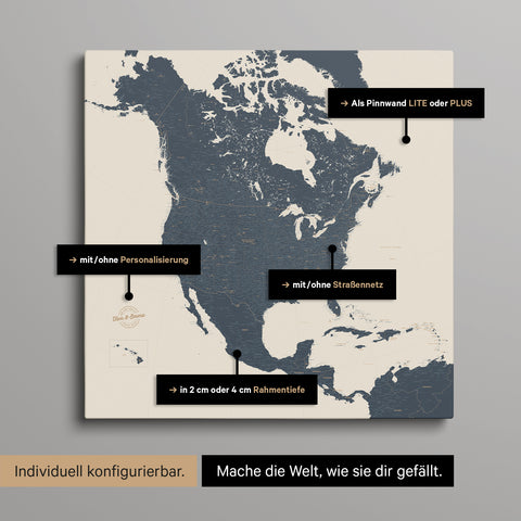 Vielfältige Konfigurationsmöglichkeiten einer Nordamerika Landkarte als Pinn-Leinwand in Farbe Navy Light