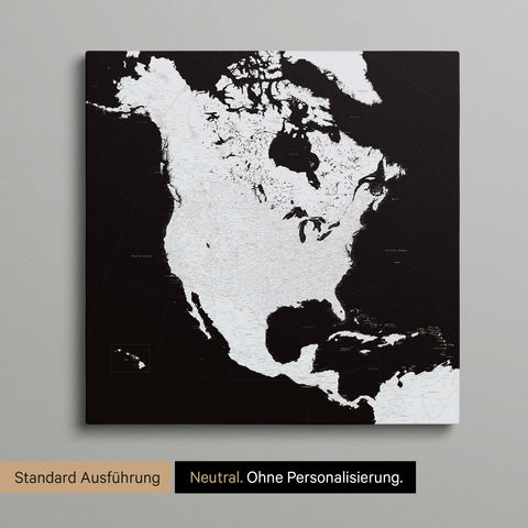 Neutrale und schlichte Ausführung einer Nordamerika Karte als Pinn-Leinwand in Schwarz-Weiss