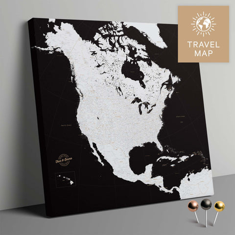 Nordamerika Landkarte in Schwarz-Weiss mit sehr hohem Detailgrad als Pinnwand Leinwand zum Pinnen und Markieren von Reisezielen kaufen