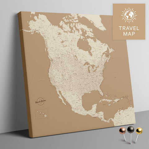 Nordamerika Landkarte in Treasure Gold mit sehr hohem Detailgrad als Pinnwand Leinwand zum Pinnen und Markieren von Reisezielen kaufen