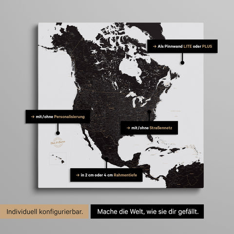 Vielfältige Konfigurationsmöglichkeiten einer Nordamerika Landkarte als Pinn-Leinwand in Farbe Light Black (Weiß-Schwarz)