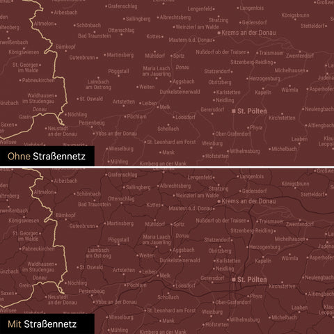 Österreich-Karte Leinwand in Bordeaux Rot wahlweise mit oder ohne Straßennetz