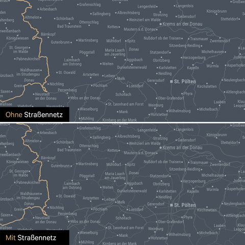 Österreich-Karte Leinwand in Denim Blue wahlweise mit oder ohne Straßennetz