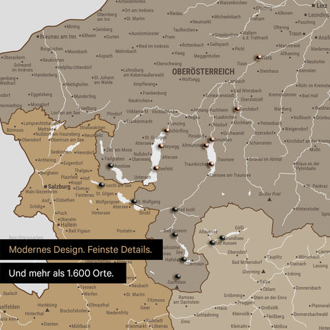 Ausschnitte einer Österreichkarte mit dem Salzkammergut und der Steiermark als Pinn-Leinwand in Multicolor Beige mit 1.600 Orten