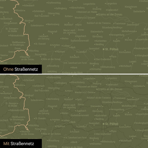 Österreich-Karte Leinwand in Olive Green wahlweise mit oder ohne Straßennetz