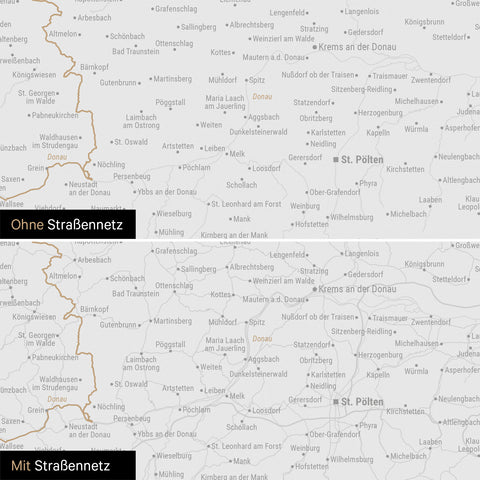 Österreich-Karte Leinwand in Schwarz-Weiß wahlweise mit oder ohne Straßennetz