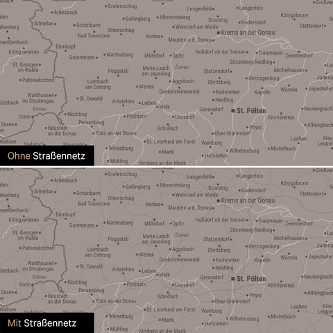 Österreich-Karte Leinwand in Warmgray (Braun-Grau) wahlweise mit oder ohne Straßennetz